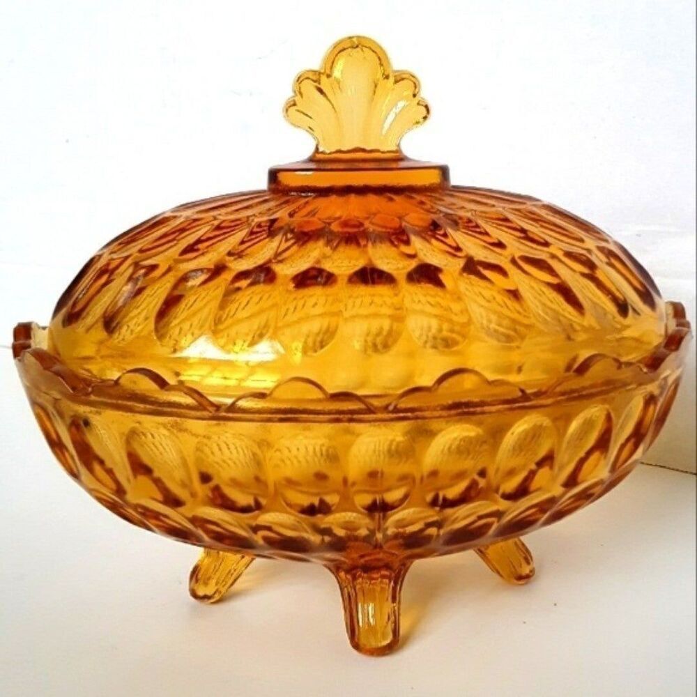 Vintage Fenton Thumbprint Amber Honey Color Candy Dish